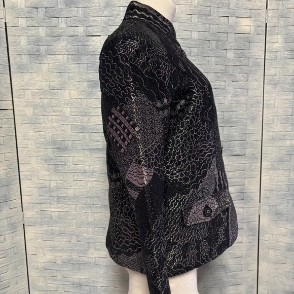 Chicos Blazer Sz 1 Medium Textured Metallic Paisley Mandarin Collar Button Front - Picture 4 of 11